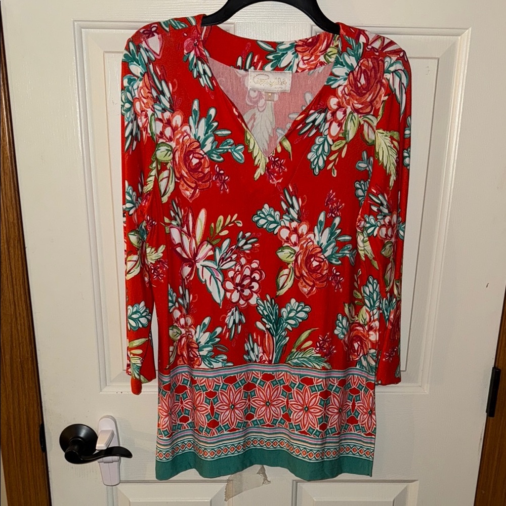Pappagallo Red and Blue 3/4 Sleeve floral tunic Blouse EUC Size Medium